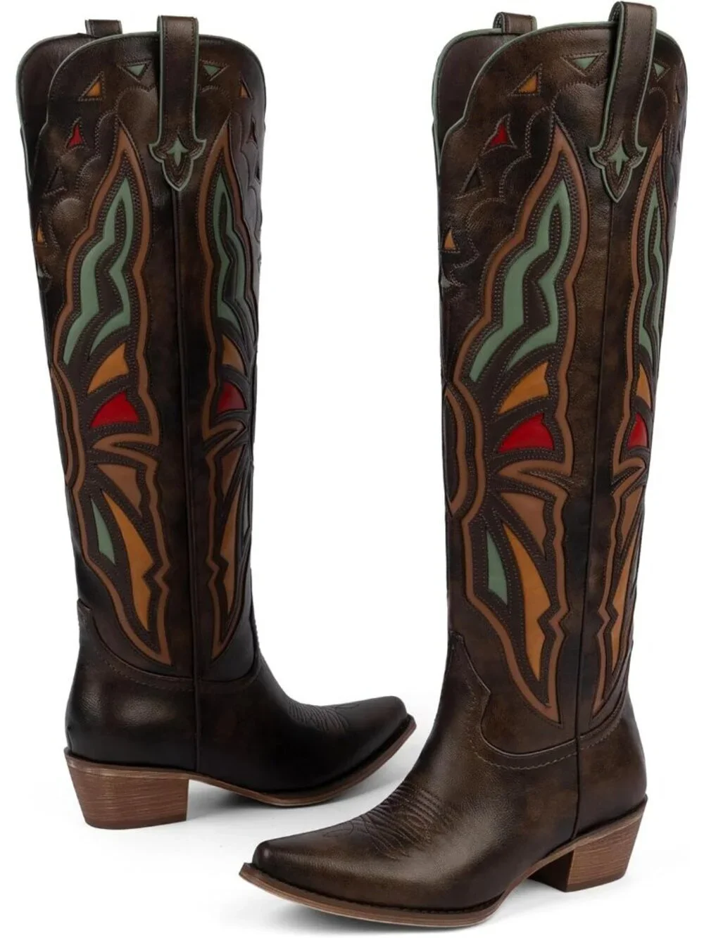 Women's Chocolate Cowboy Knee High Chunky Heel Butterfly Cowgirl Boots Wide Calf